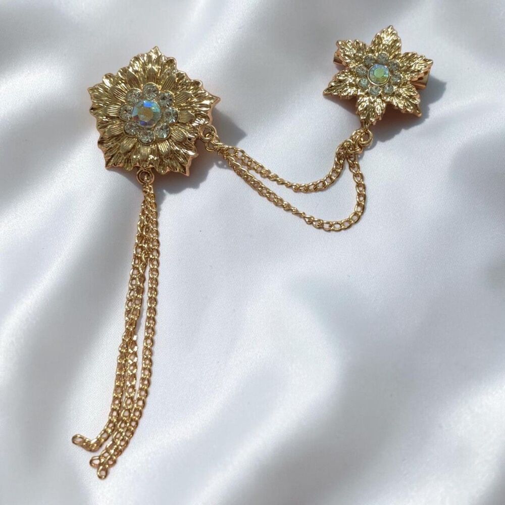 Gold Tone Rhinestone Flower Brooch Set, Double Chain Tassel, Aurora Borealis